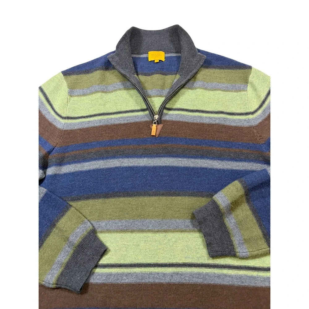 Robert Talbott Carmel Mens 100% Wool Striped Quarter Zip Sweater Blue Green M